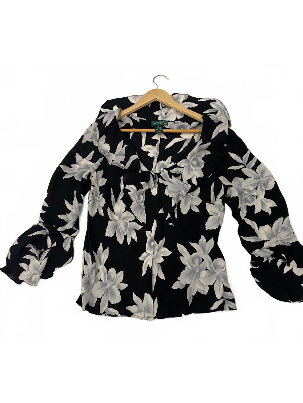 Lauren Ralph Lauren Black and White Floral Silk Blouse Size 14